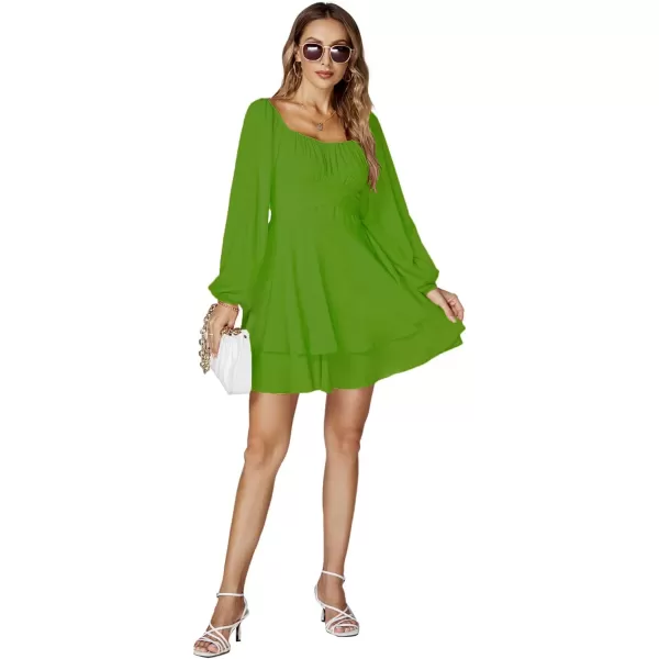 LYANER Women's Lantern Long Sleeve Wrap Tie Back Square Neck Double Layer Ruffle Hem A Line Short Mini Dress