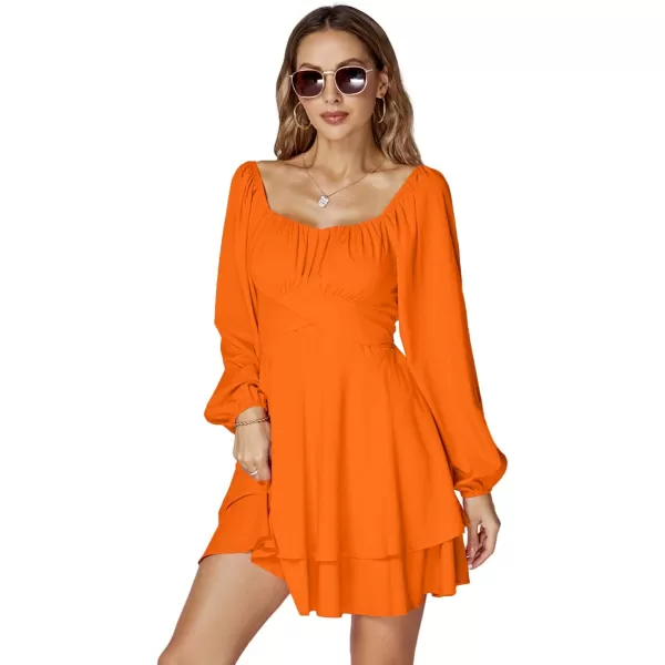 LYANER Women's Lantern Long Sleeve Wrap Tie Back Square Neck Double Layer Ruffle Hem A Line Short Mini Dress