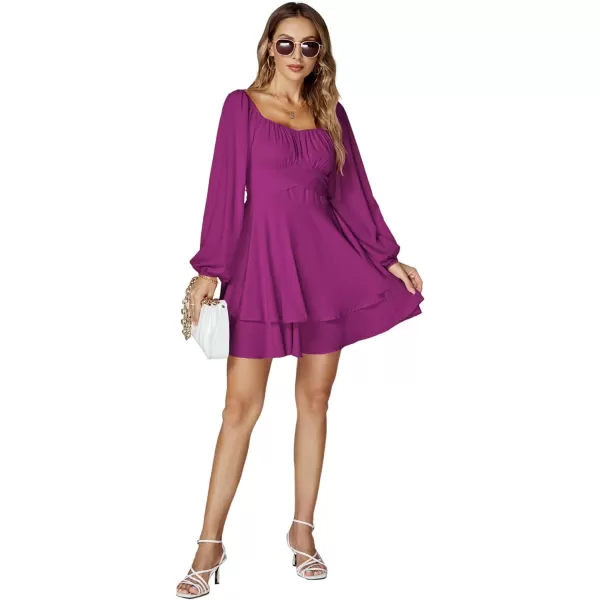 LYANER Women's Lantern Long Sleeve Wrap Tie Back Square Neck Double Layer Ruffle Hem A Line Short Mini Dress
