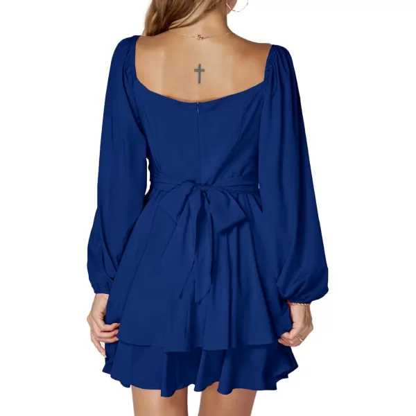 LYANER Women's Lantern Long Sleeve Wrap Tie Back Square Neck Double Layer Ruffle Hem A Line Short Mini Dress