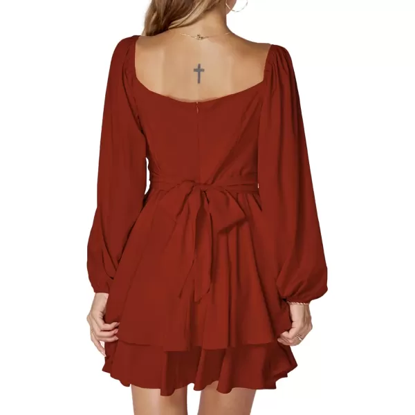 LYANER Women's Lantern Long Sleeve Wrap Tie Back Square Neck Double Layer Ruffle Hem A Line Short Mini Dress
