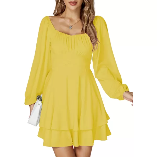 LYANER Women's Lantern Long Sleeve Wrap Tie Back Square Neck Double Layer Ruffle Hem A Line Short Mini Dress