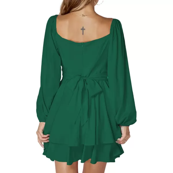 LYANER Women's Lantern Long Sleeve Wrap Tie Back Square Neck Double Layer Ruffle Hem A Line Short Mini Dress