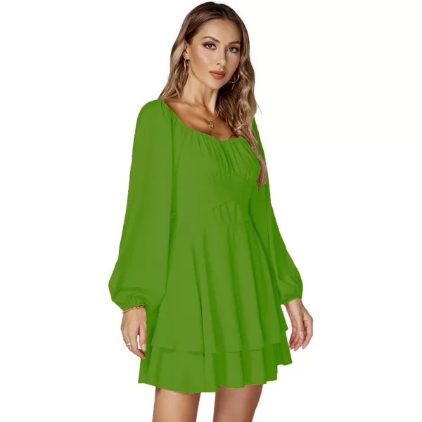 LYANER Women's Lantern Long Sleeve Wrap Tie Back Square Neck Double Layer Ruffle Hem A Line Short Mini Dress