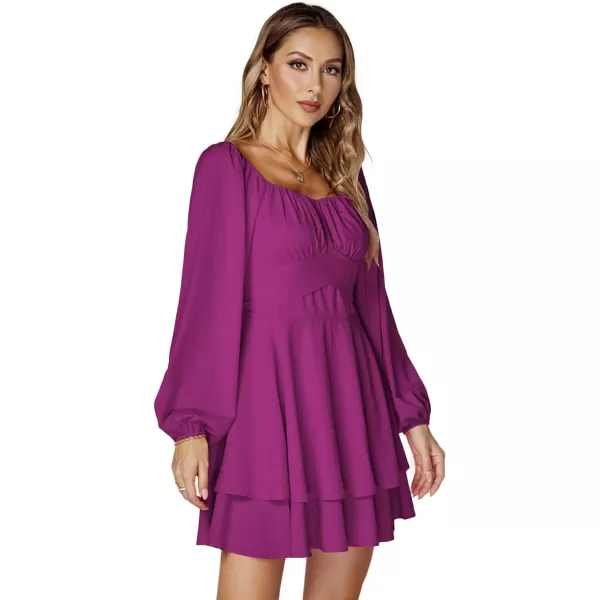 LYANER Women's Lantern Long Sleeve Wrap Tie Back Square Neck Double Layer Ruffle Hem A Line Short Mini Dress