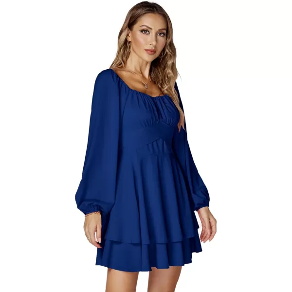 LYANER Women's Lantern Long Sleeve Wrap Tie Back Square Neck Double Layer Ruffle Hem A Line Short Mini Dress