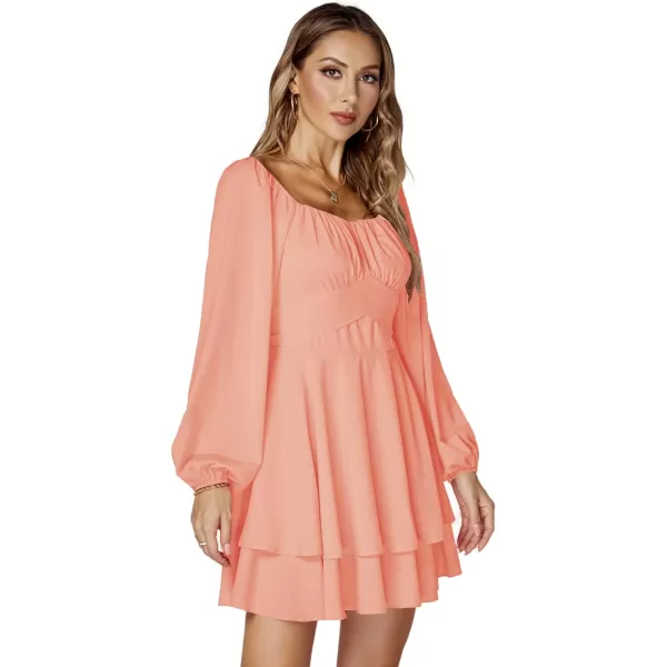 LYANER Women's Lantern Long Sleeve Wrap Tie Back Square Neck Double Layer Ruffle Hem A Line Short Mini Dress