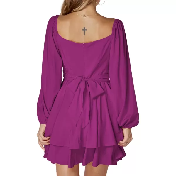 LYANER Women's Lantern Long Sleeve Wrap Tie Back Square Neck Double Layer Ruffle Hem A Line Short Mini Dress