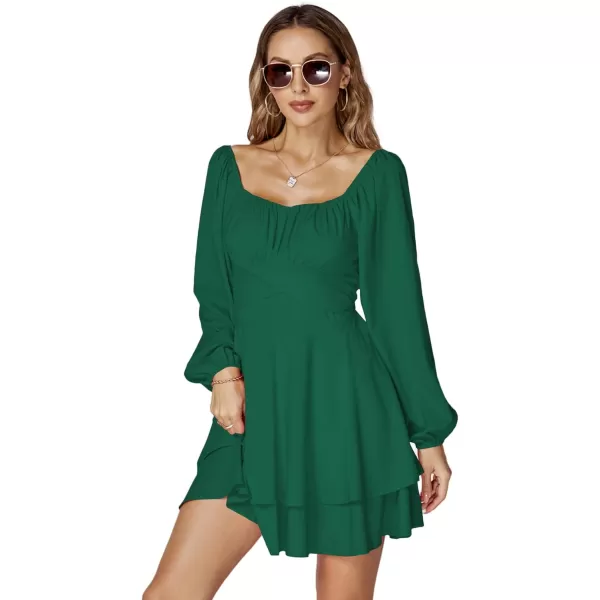 LYANER Women's Lantern Long Sleeve Wrap Tie Back Square Neck Double Layer Ruffle Hem A Line Short Mini Dress