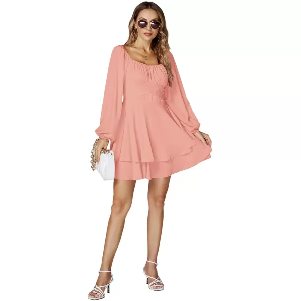 LYANER Women's Lantern Long Sleeve Wrap Tie Back Square Neck Double Layer Ruffle Hem A Line Short Mini Dress
