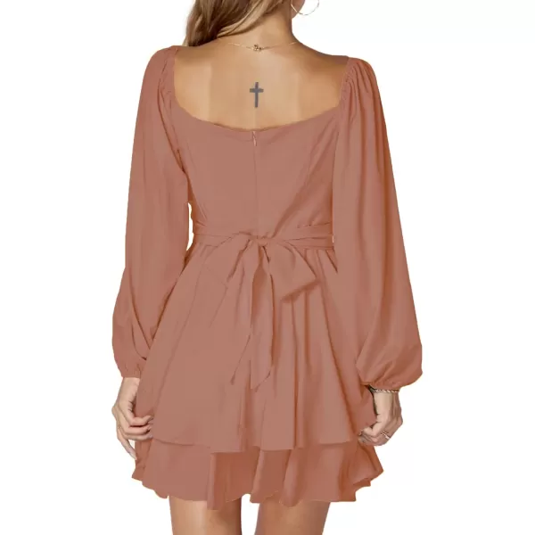 LYANER Women's Lantern Long Sleeve Wrap Tie Back Square Neck Double Layer Ruffle Hem A Line Short Mini Dress