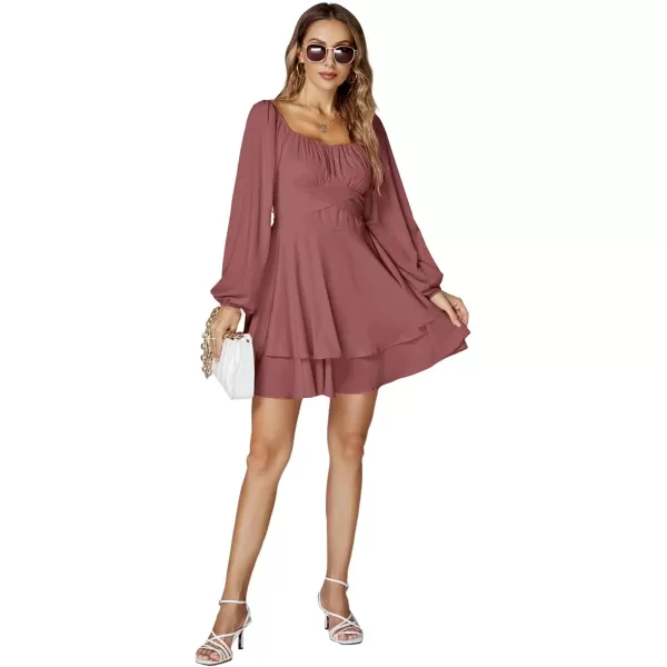 LYANER Women's Lantern Long Sleeve Wrap Tie Back Square Neck Double Layer Ruffle Hem A Line Short Mini Dress