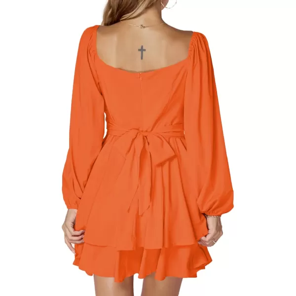 LYANER Women's Lantern Long Sleeve Wrap Tie Back Square Neck Double Layer Ruffle Hem A Line Short Mini Dress