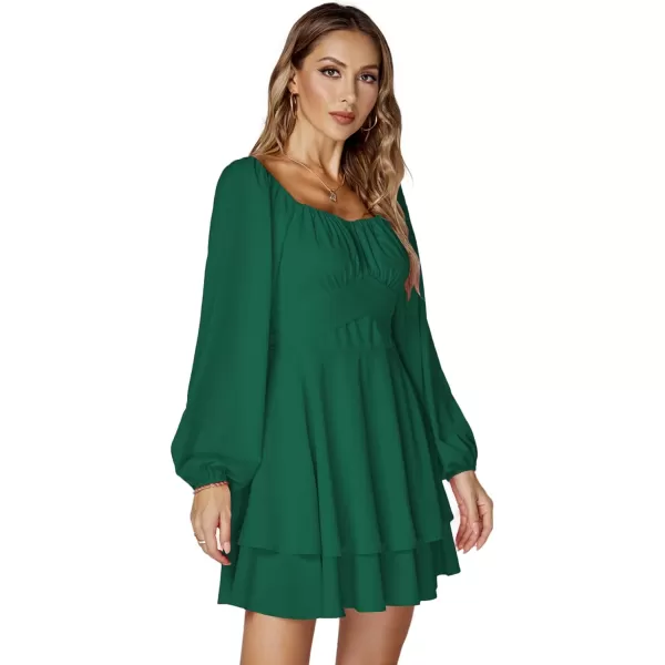 LYANER Women's Lantern Long Sleeve Wrap Tie Back Square Neck Double Layer Ruffle Hem A Line Short Mini Dress
