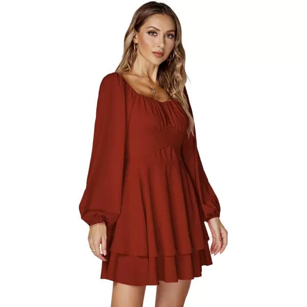 LYANER Women's Lantern Long Sleeve Wrap Tie Back Square Neck Double Layer Ruffle Hem A Line Short Mini Dress