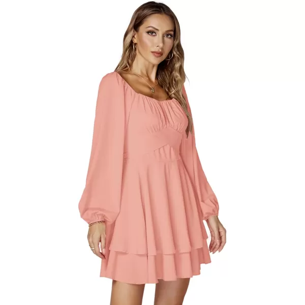 LYANER Women's Lantern Long Sleeve Wrap Tie Back Square Neck Double Layer Ruffle Hem A Line Short Mini Dress
