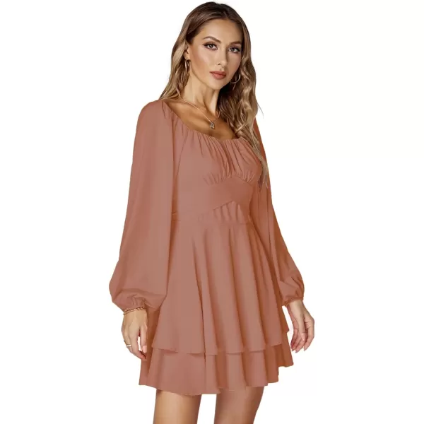 LYANER Women's Lantern Long Sleeve Wrap Tie Back Square Neck Double Layer Ruffle Hem A Line Short Mini Dress