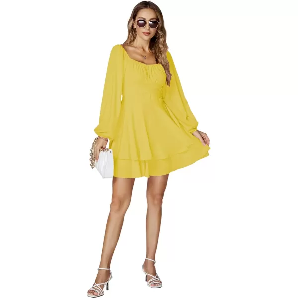 LYANER Women's Lantern Long Sleeve Wrap Tie Back Square Neck Double Layer Ruffle Hem A Line Short Mini Dress