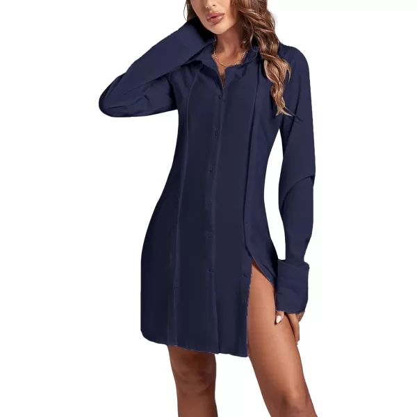 LYANER Women's Lapel Collar Buttons Down Side Slit Long Sleeve Mini Shirt Dress