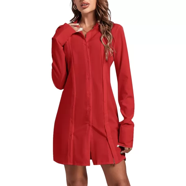 LYANER Women's Lapel Collar Buttons Down Side Slit Long Sleeve Mini Shirt Dress