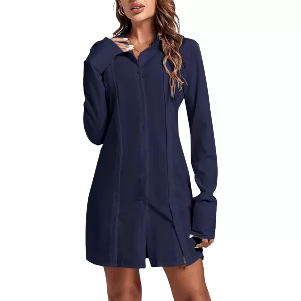 LYANER Women's Lapel Collar Buttons Down Side Slit Long Sleeve Mini Shirt Dress