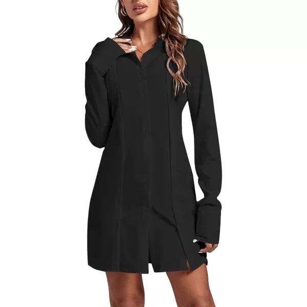 LYANER Women's Lapel Collar Buttons Down Side Slit Long Sleeve Mini Shirt Dress