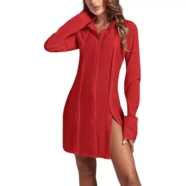 LYANER Women's Lapel Collar Buttons Down Side Slit Long Sleeve Mini Shirt Dress
