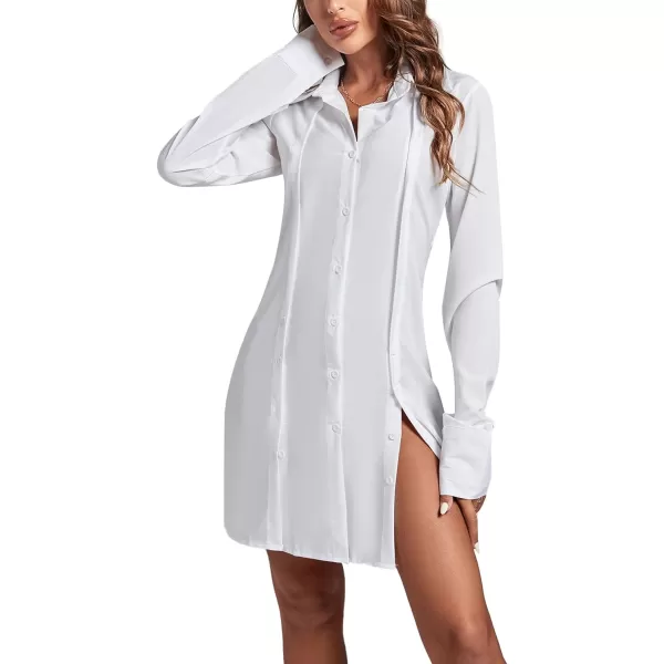 LYANER Women's Lapel Collar Buttons Down Side Slit Long Sleeve Mini Shirt Dress