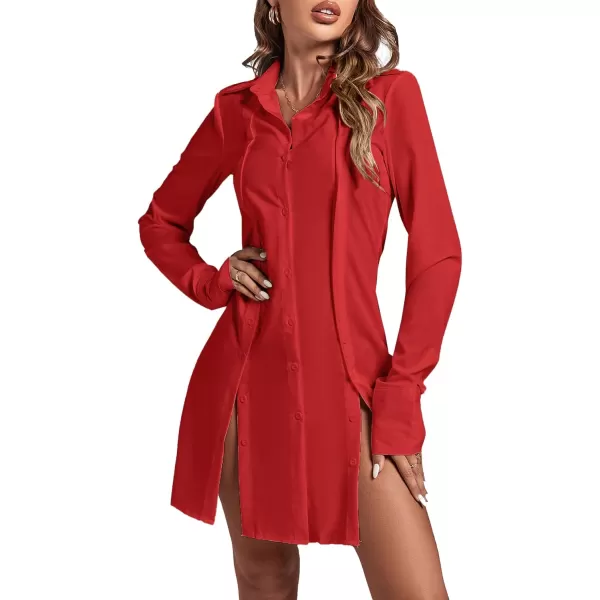 LYANER Women's Lapel Collar Buttons Down Side Slit Long Sleeve Mini Shirt Dress