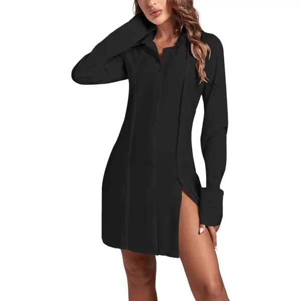 LYANER Women's Lapel Collar Buttons Down Side Slit Long Sleeve Mini Shirt Dress