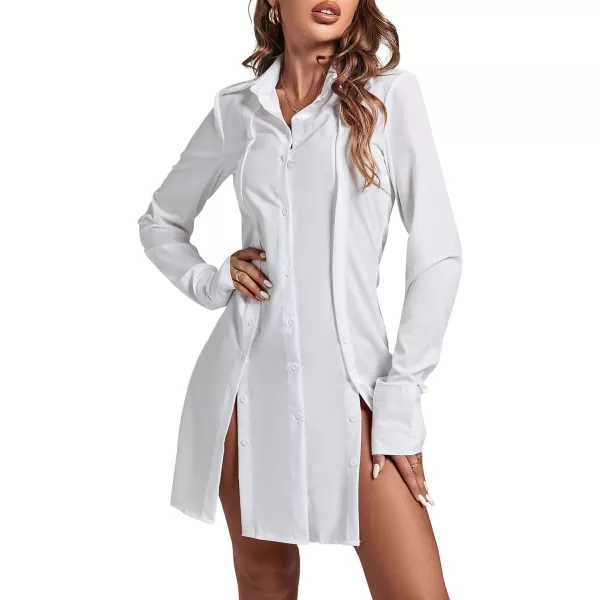LYANER Women's Lapel Collar Buttons Down Side Slit Long Sleeve Mini Shirt Dress