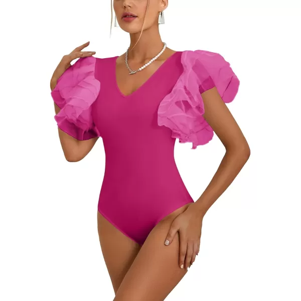 LYANER Women’s Layer Ruffle Butterfly Sleeve V Neck Stretchy Party Skinny Bodysuit Romper Leotard