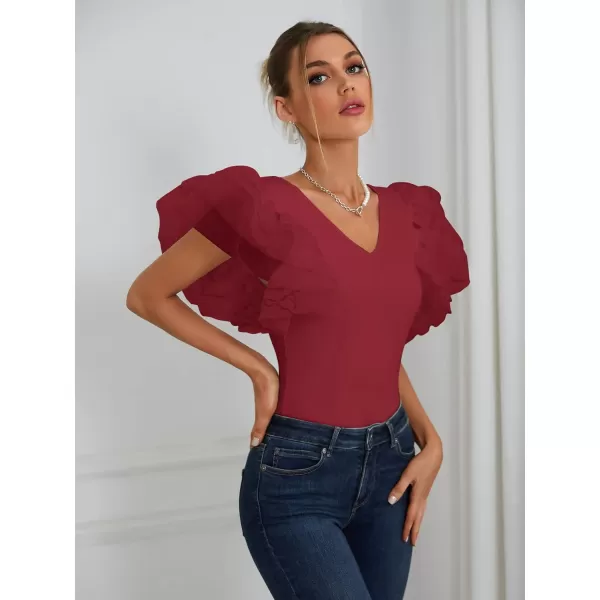 LYANER Women’s Layer Ruffle Butterfly Sleeve V Neck Stretchy Party Skinny Bodysuit Romper Leotard