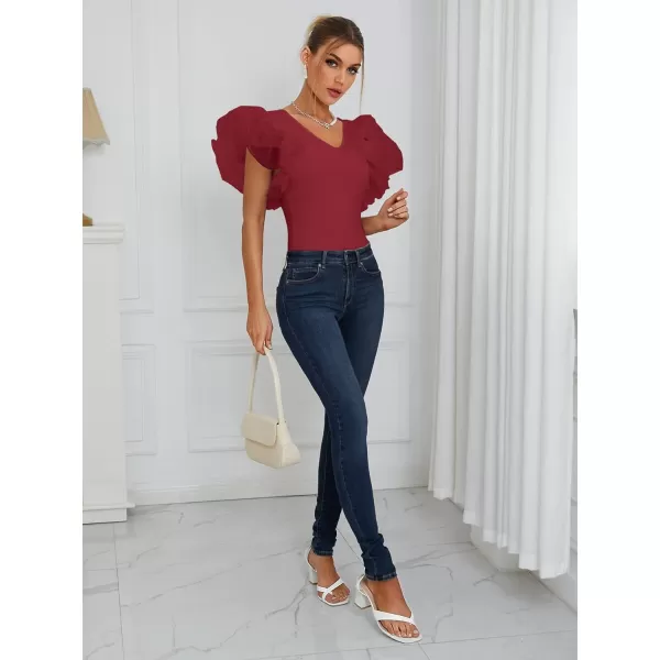 LYANER Women’s Layer Ruffle Butterfly Sleeve V Neck Stretchy Party Skinny Bodysuit Romper Leotard