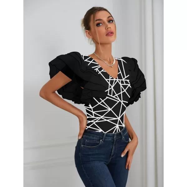 LYANER Women’s Layer Ruffle Butterfly Sleeve V Neck Stretchy Party Skinny Bodysuit Romper Leotard