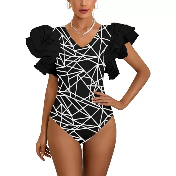 LYANER Women’s Layer Ruffle Butterfly Sleeve V Neck Stretchy Party Skinny Bodysuit Romper Leotard