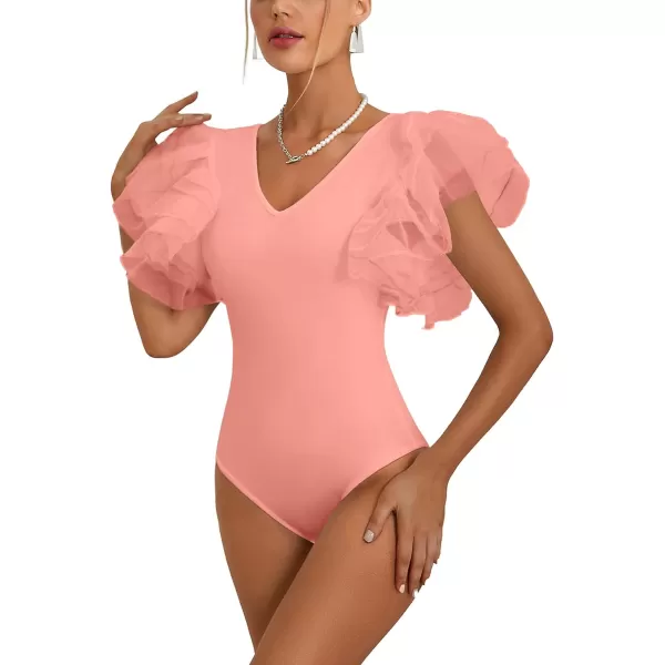 LYANER Women’s Layer Ruffle Butterfly Sleeve V Neck Stretchy Party Skinny Bodysuit Romper Leotard