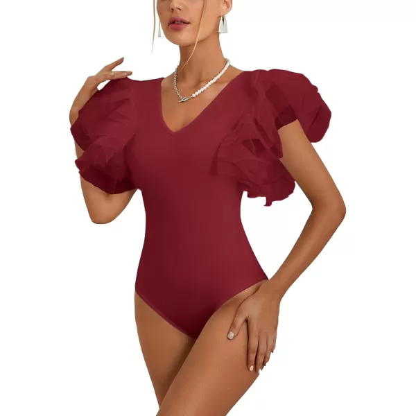 LYANER Women’s Layer Ruffle Butterfly Sleeve V Neck Stretchy Party Skinny Bodysuit Romper Leotard
