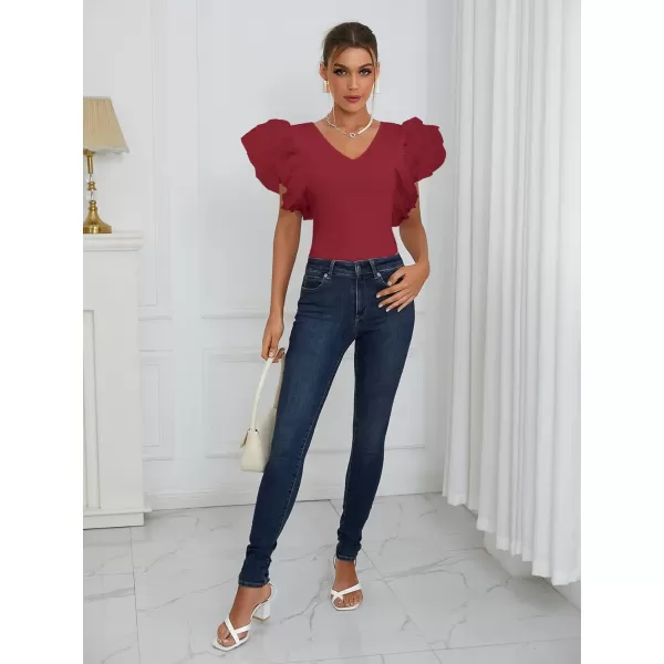 LYANER Women’s Layer Ruffle Butterfly Sleeve V Neck Stretchy Party Skinny Bodysuit Romper Leotard
