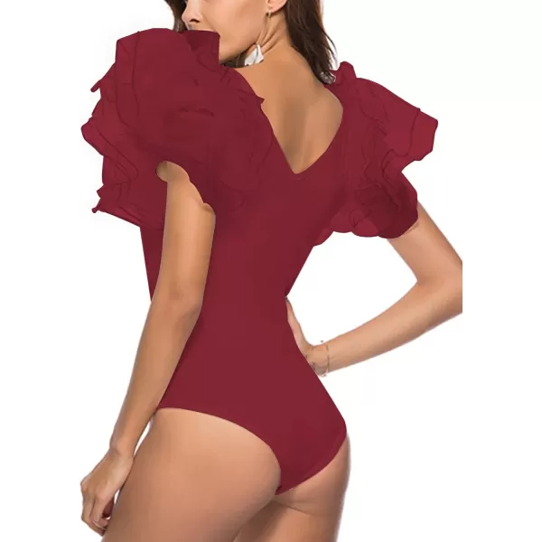 LYANER Women’s Layer Ruffle Butterfly Sleeve V Neck Stretchy Party Skinny Bodysuit Romper Leotard