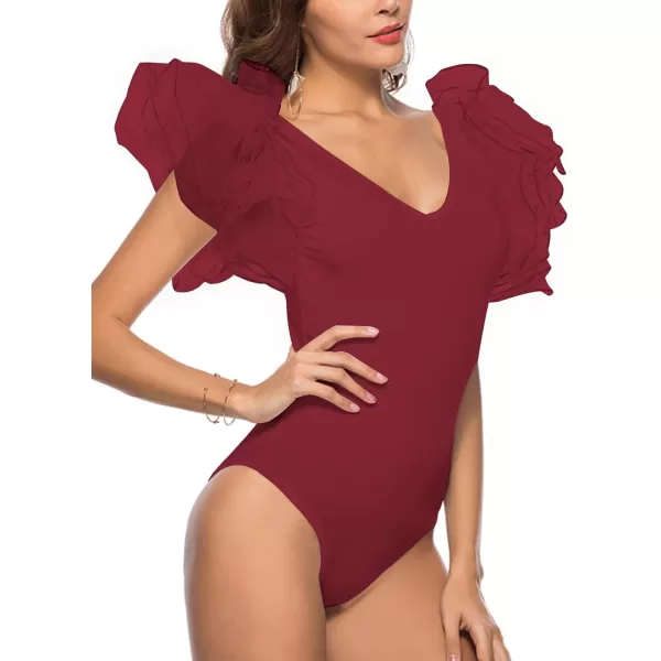 LYANER Women’s Layer Ruffle Butterfly Sleeve V Neck Stretchy Party Skinny Bodysuit Romper Leotard