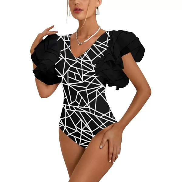 LYANER Women’s Layer Ruffle Butterfly Sleeve V Neck Stretchy Party Skinny Bodysuit Romper Leotard