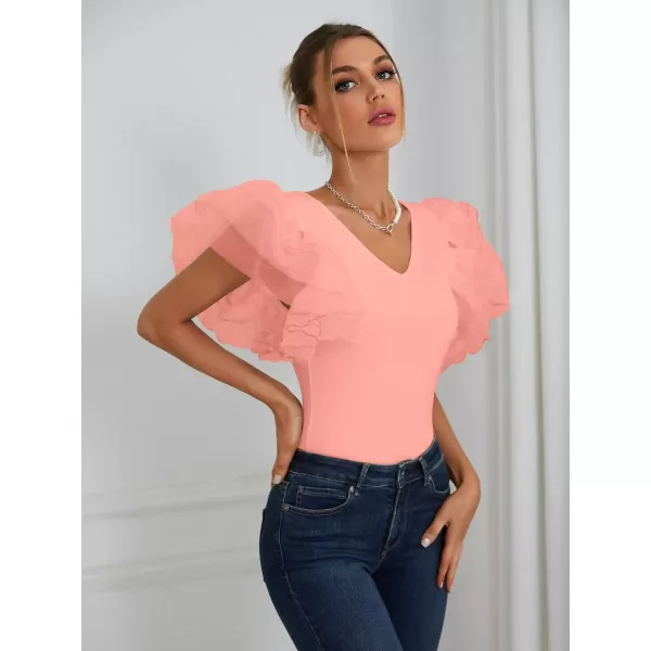 LYANER Women’s Layer Ruffle Butterfly Sleeve V Neck Stretchy Party Skinny Bodysuit Romper Leotard