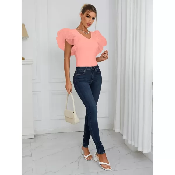 LYANER Women’s Layer Ruffle Butterfly Sleeve V Neck Stretchy Party Skinny Bodysuit Romper Leotard