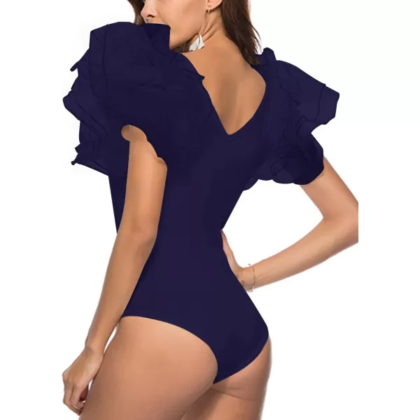 LYANER Women’s Layer Ruffle Butterfly Sleeve V Neck Stretchy Party Skinny Bodysuit Romper Leotard