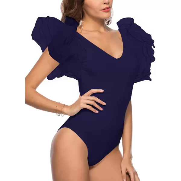 LYANER Women’s Layer Ruffle Butterfly Sleeve V Neck Stretchy Party Skinny Bodysuit Romper Leotard