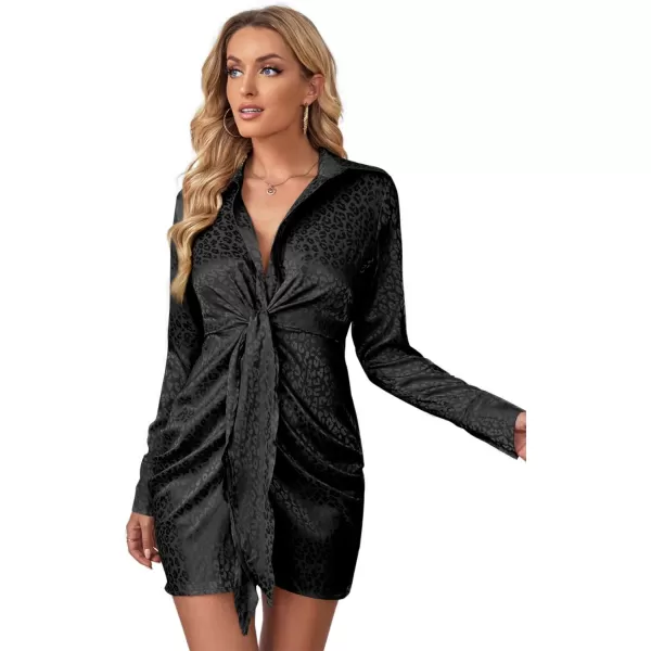 LYANER Women's Leopard Satin Deep Collar V Neck Tie Front Long Sleeve Mini Party Dress