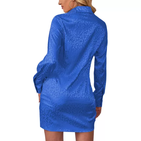 LYANER Women's Leopard Satin Deep Collar V Neck Tie Front Long Sleeve Mini Party Dress