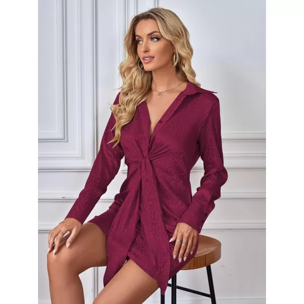 LYANER Women's Leopard Satin Deep Collar V Neck Tie Front Long Sleeve Mini Party Dress