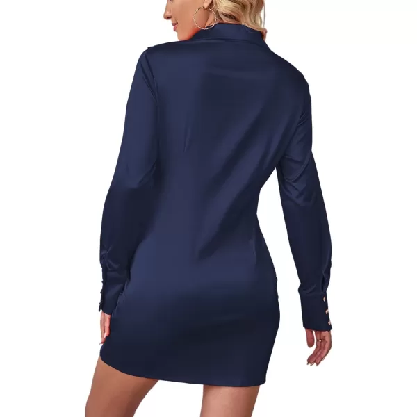LYANER Women's Leopard Satin Deep Collar V Neck Tie Front Long Sleeve Mini Party Dress